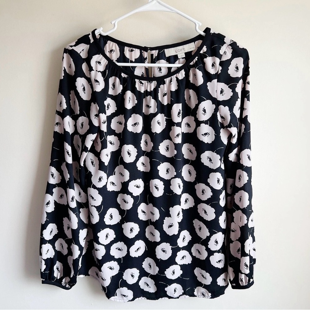 LOFT | Black & Cream Floral Long Sleeve Women's Blouse Size MP